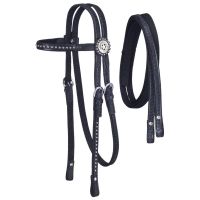 Nylon Headstall with Leather Overlay and Silver Dots with Reins