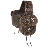 Antiqued Tooled Leather Western Saddle Bags with Cross Motiff