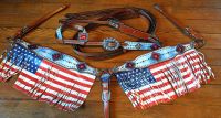 Patriotic Red White Blue Headstall, Reins Fringed Breastcollar Set - USA Flag