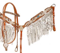 Fringed Headstall - Reins - Breastcollar Set - Silver Metallic and Crystals