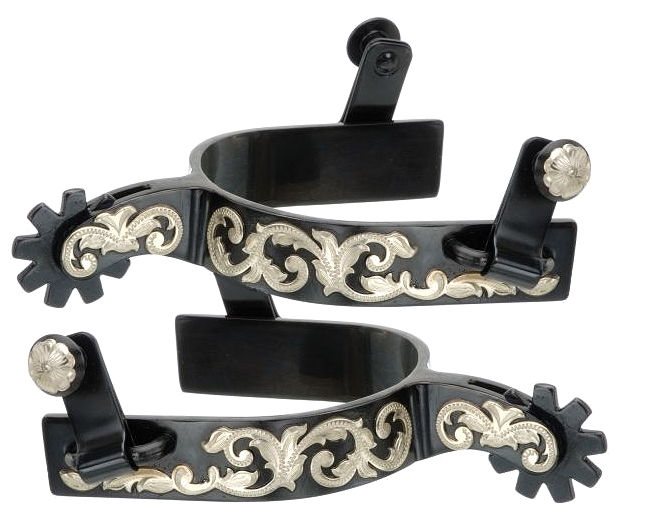 Western Drop Shank Spurs Black Steel Silver Floral Design The