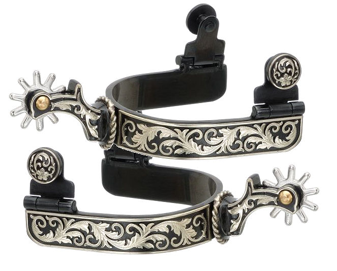 Formay Western Roper Spurs – Black Steel With Silver Floral Overlay – Short Shank, Blunt Rowel