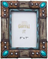 Western Rustic Picture Frame - Turquoise Stones- Wood and Leather Design